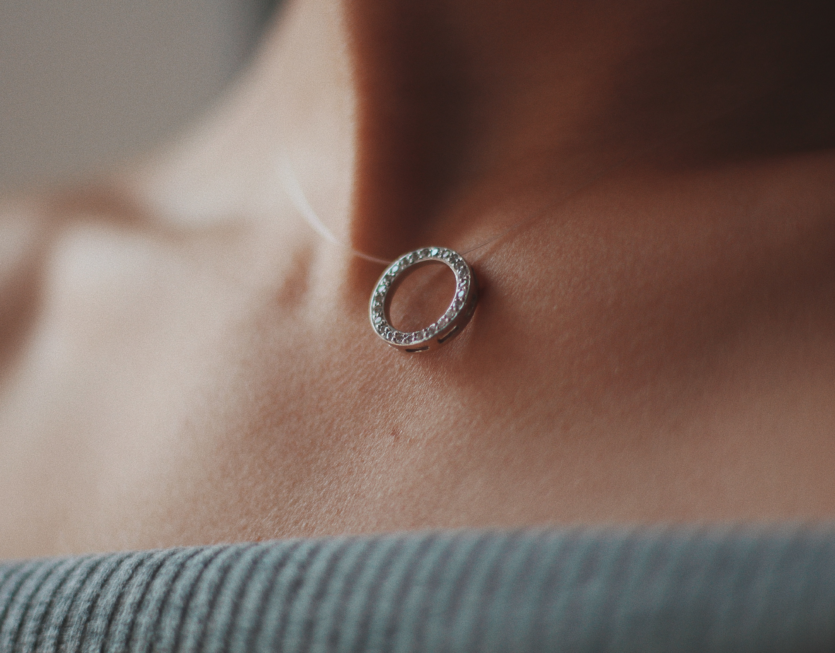 closeup-shot-female-wearing-beautiful-silver-necklace-with-pendant